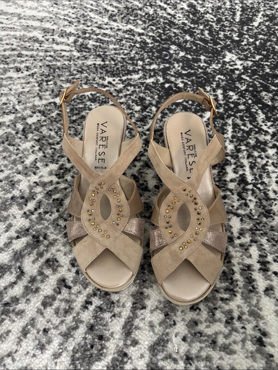 Creazioni Varese Shoes - Varese Women's Taupe Suede Wedge Sandals with Stud Detail, Sz 5